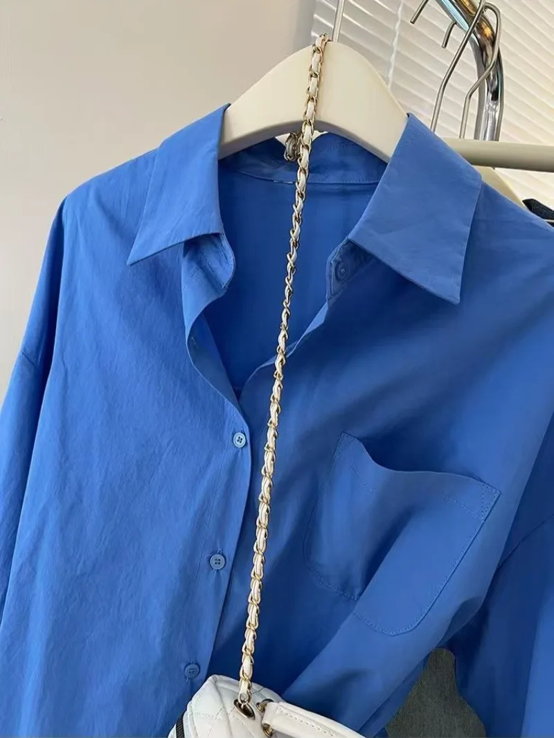 Solid Color Long Sleeve Women's Shirt with Pocket Loose Button Up Casual Blouse Woman 2026 New Spring Summer All-Match Shirt Top - Image 2