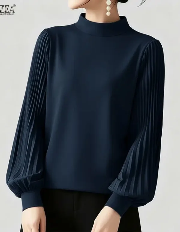 ZANZEA Spring Women's Elegant Blouses Mock Neck Pleated Puff Sleeves Solid Color Pullover Tops Minimalist Casual Woman Clothes