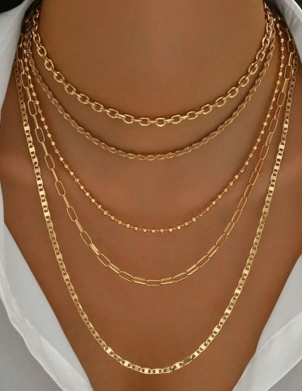 5pcs/Set Simple Braided Bead Chain Necklaces, Gold Tone, Layered Pendant Necklace Set For Women Daily And Party Wear