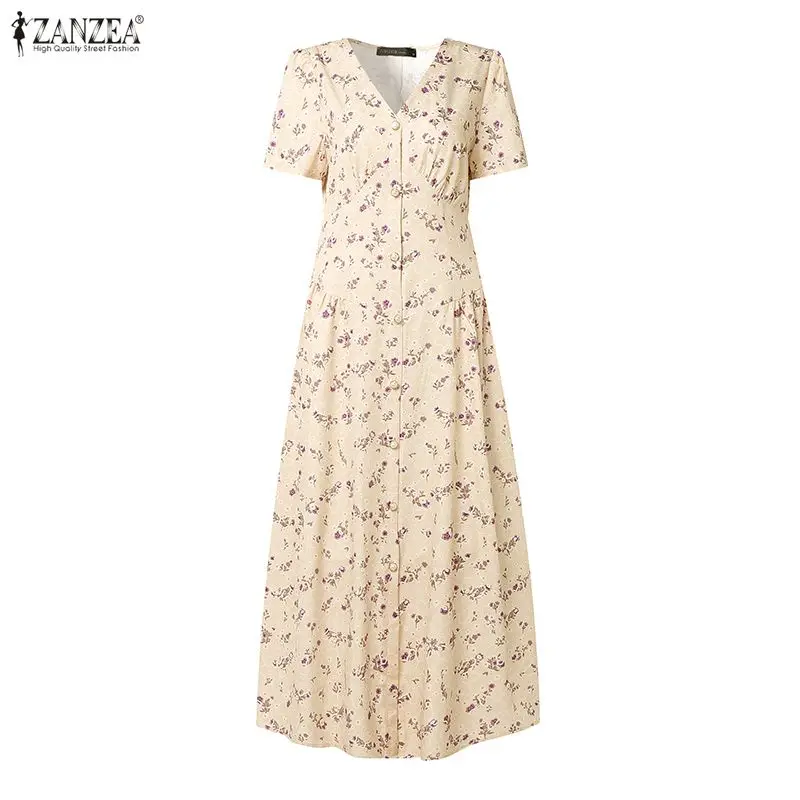 2026 ZANZEA Summer Floral Printed Dresses Women Elegant Casual Holiday Party Dress A Line Robe V Neck Short Sleeve Work Sundress - Image 7