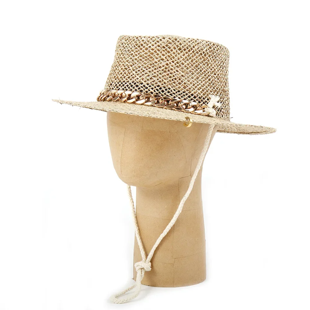 Panama Straw Sun Hat Wide Brim UPF50+ Foldable, Navy & Beige Contrast Beach Hat Adjustable Chin Strap Women Summer - Image 6