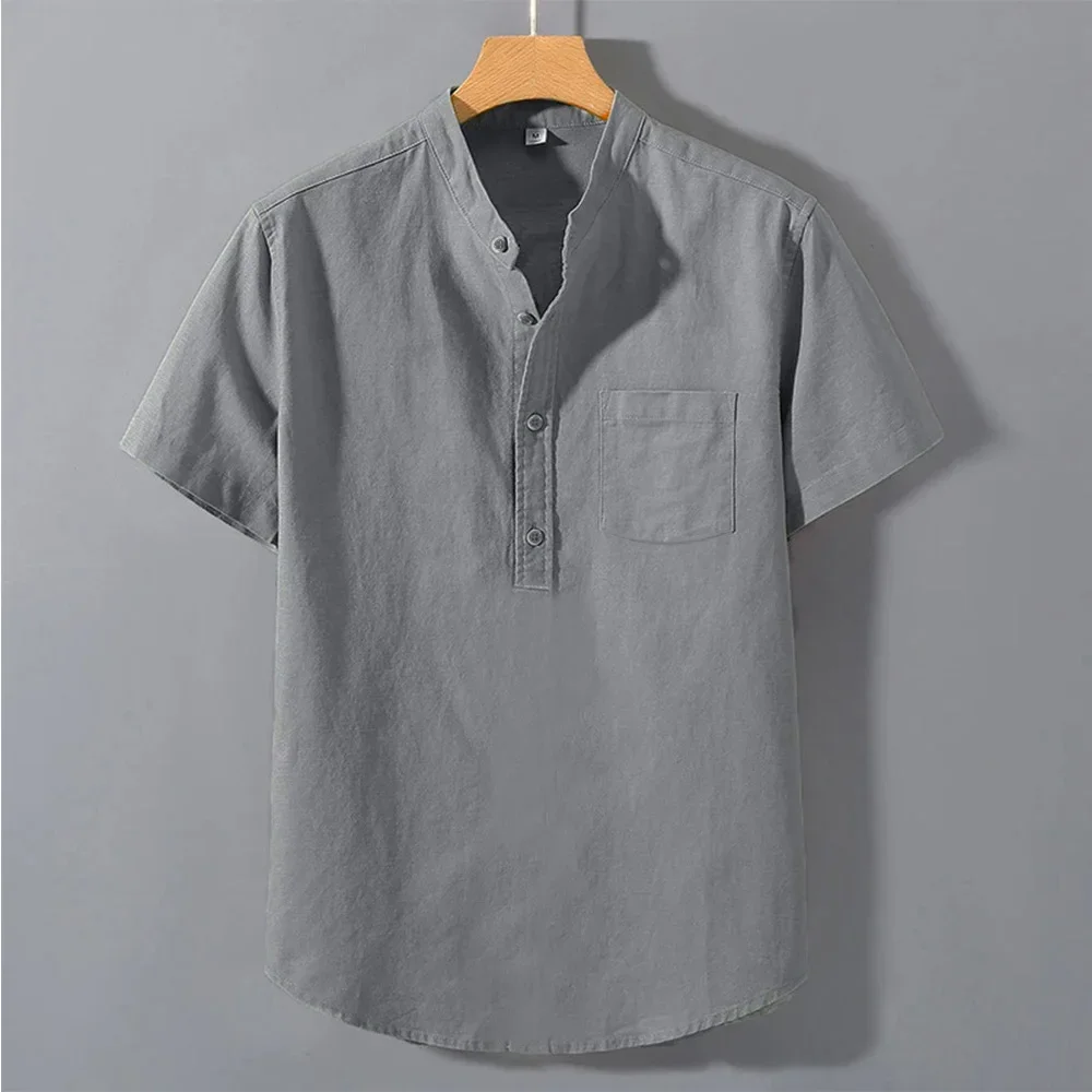 Men's Summer Solid Colour Short Sleeve Shirt Pocket Design Daily Casual Comfortable Breathable Cotton Linen Shirt Top - Image 5