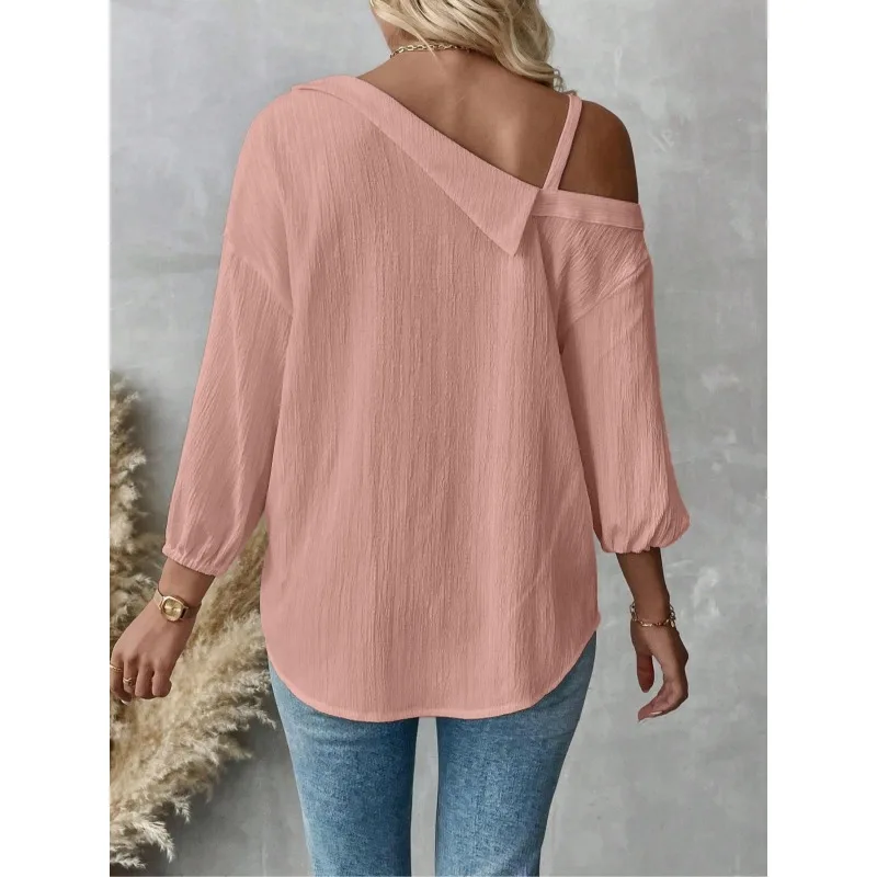 Plus Size1XL-5XL Women Blouses Top Lady Single Breasted Off Shoulder Pocket Asymmetrical Female Casual Overshirt - Image 3