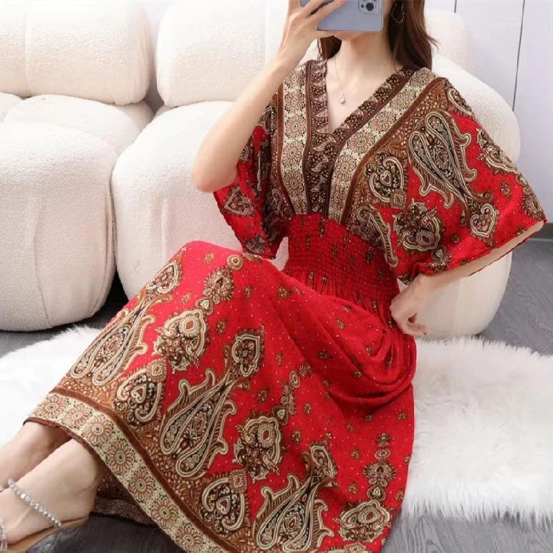 Casual Elegant Retro Bohemian National Style V-neck Elastic Waist Large Swing Printed Summer Long Skirt Woman Dress Clothes - Image 35
