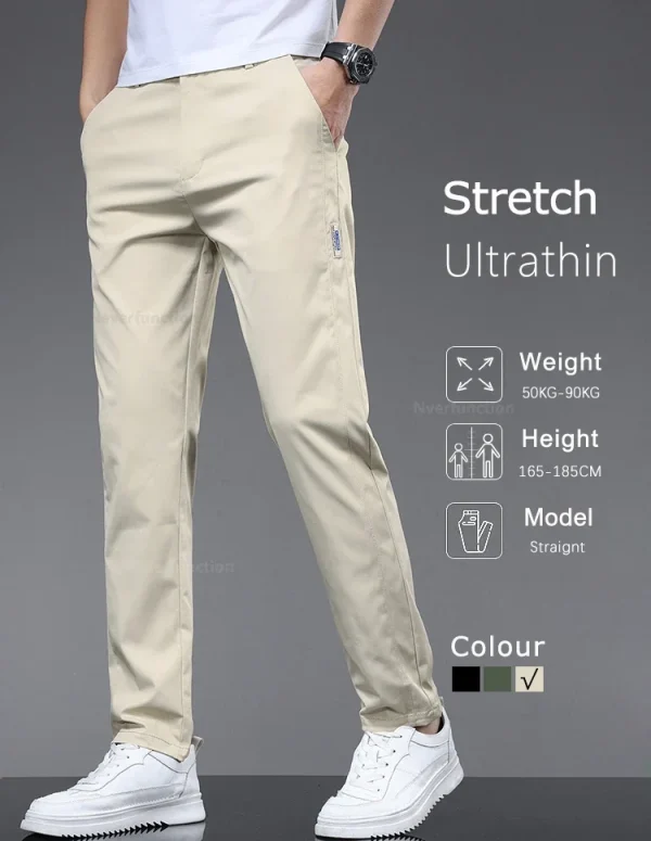 Stretch Summer Soft Men's Casual Pants Ultra-thin Fashion Ice Silk Slim Business Elastic Waist Solid Color Trousers Male