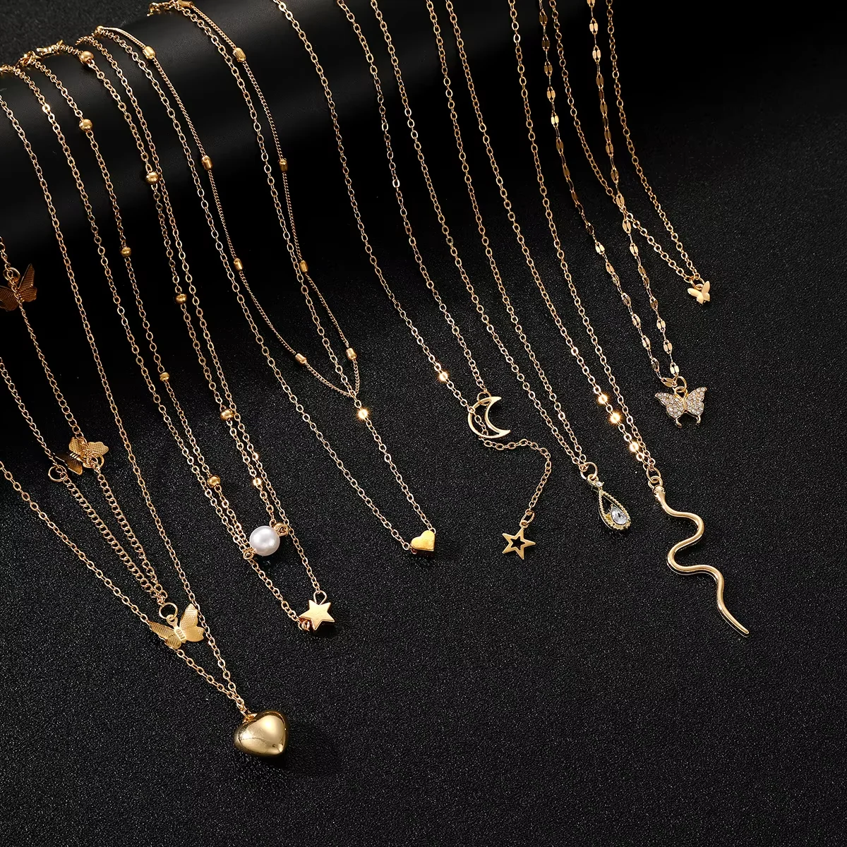 9 Pcs Multi-layered Gold Color Necklace Set for Women Fashion Zircon Pearl Heart Butterfly Star Moon Snake Pendant Necklaces Set - Image 3