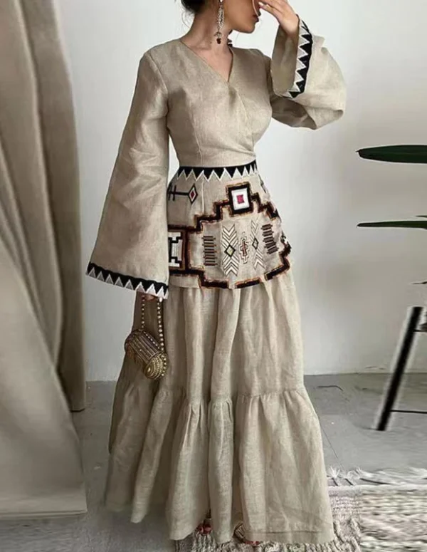 Vintage Ethnic Style Print Patchwork Women Dress Casual Cotton Linen Loose A-Line Dress Lady V-Neck Flare Sleeve Boho Maxi Dress