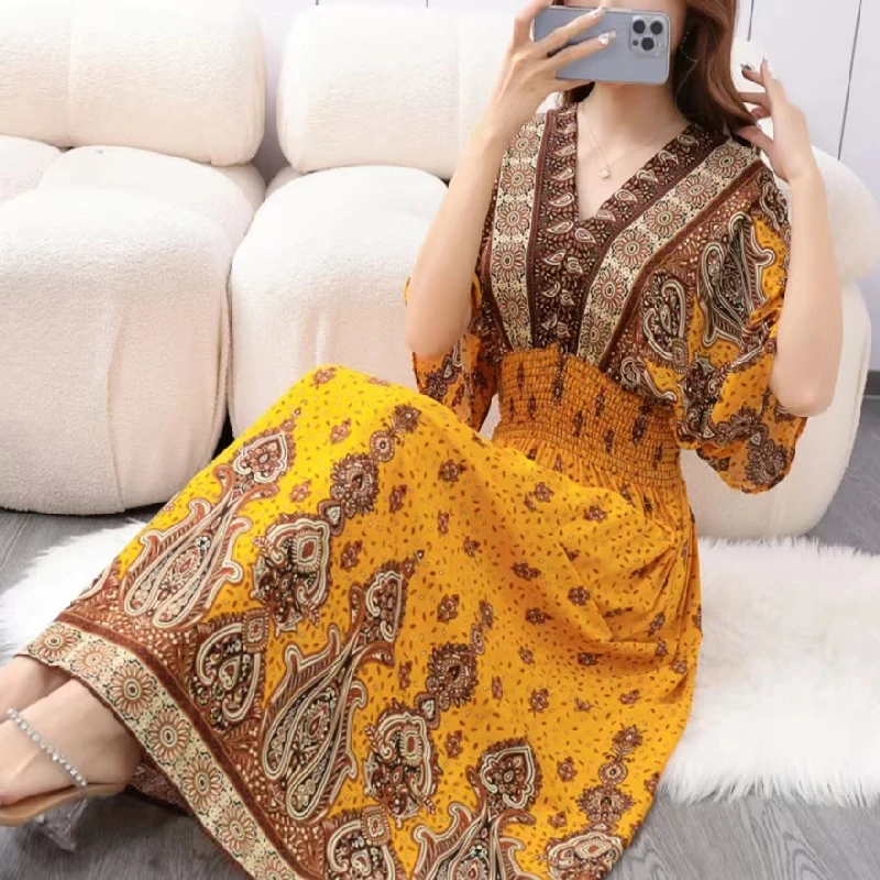 Casual Elegant Retro Bohemian National Style V-neck Elastic Waist Large Swing Printed Summer Long Skirt Woman Dress Clothes - Image 28