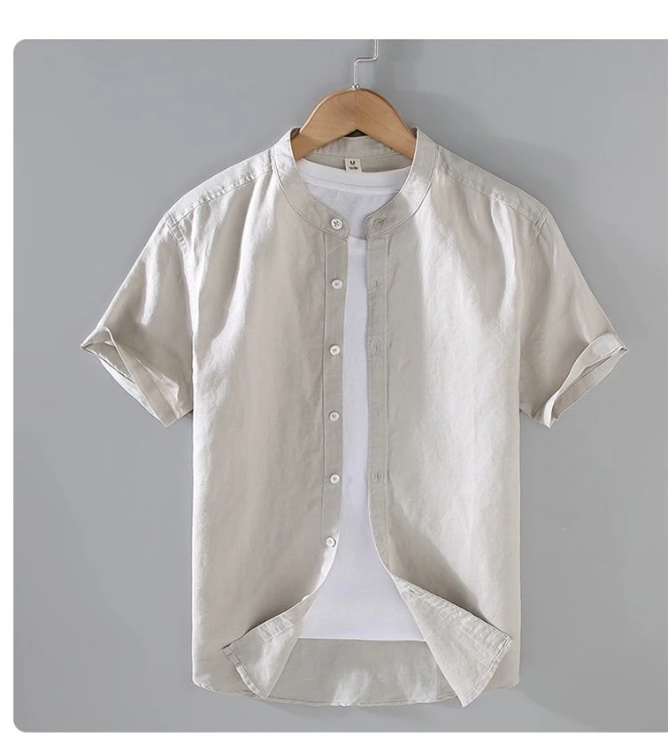 Men's Cotton Linen Short-Sleeved Shirt Summer Streetwear Plain Color Stand Collar Casual Beach Style plus Size M-3XL - Image 30