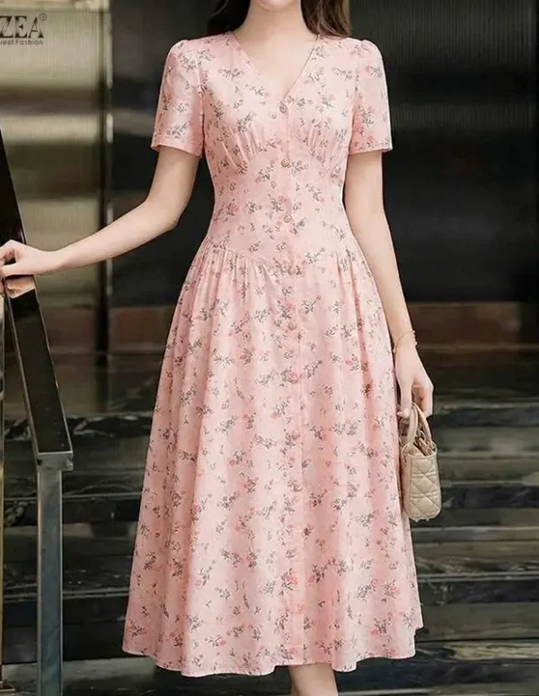 2026 ZANZEA Summer Floral Printed Dresses Women Elegant Casual Holiday Party Dress A Line Robe V Neck Short Sleeve Work Sundress