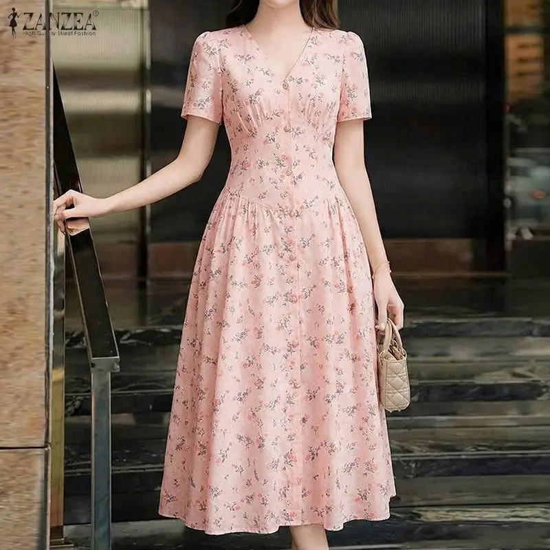2026 ZANZEA Summer Floral Printed Dresses Women Elegant Casual Holiday Party Dress A Line Robe V Neck Short Sleeve Work Sundress