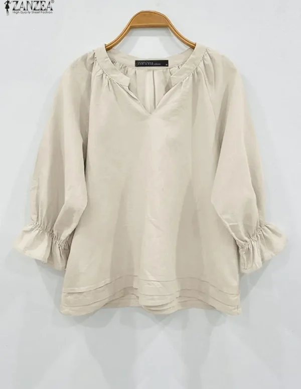 ZANZEA Women's Casual Pintuck Hem Blouses 2025 Autumn V-Neck 3/4 Raglan Sleeve Elastic Cuffs Solid Color Pullover Tops S-3XL
