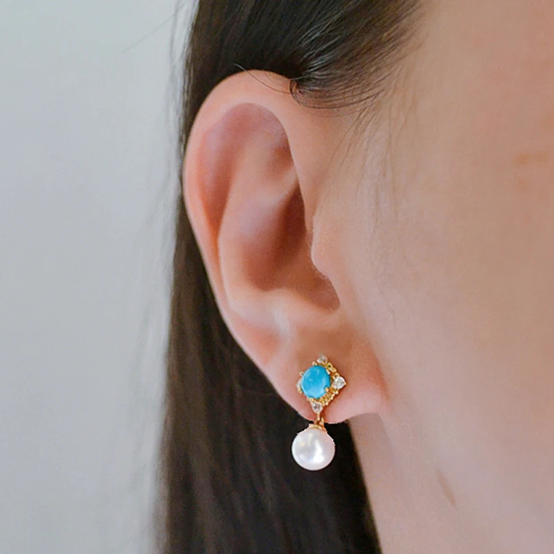 Huitan Bohemia Blue Stone Dangle Earrings with Imitation Pearl Chic Accessories for Women Daily Wear Vocation Sea Female Jewelry - Image 7