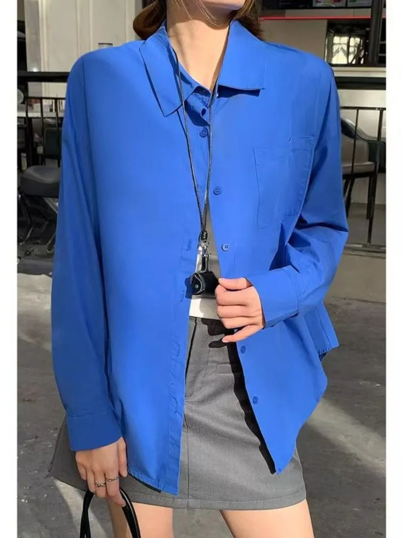 Solid Color Long Sleeve Women's Shirt with Pocket Loose Button Up Casual Blouse Woman 2026 New Spring Summer All-Match Shirt Top - Image 4
