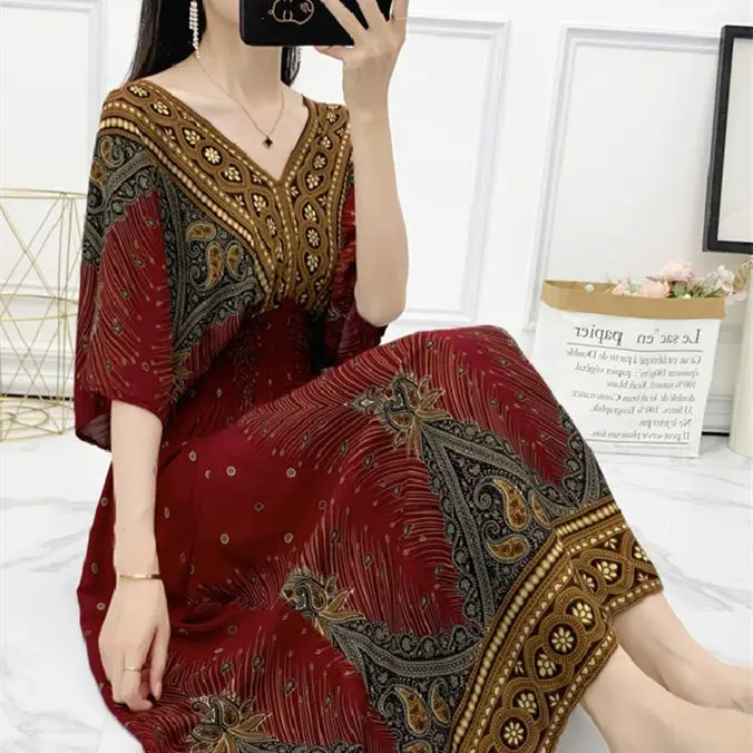 Casual Elegant Retro Bohemian National Style V-neck Elastic Waist Large Swing Printed Summer Long Skirt Woman Dress Clothes - Image 20