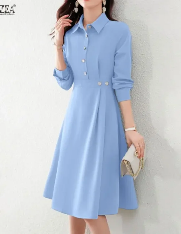 2026 ZANZEA Women Elegant Lapel Neck Long Sleeve Dress Spring Office Dresses Stylish A Line Waisted Party Sundress Holiday Robe