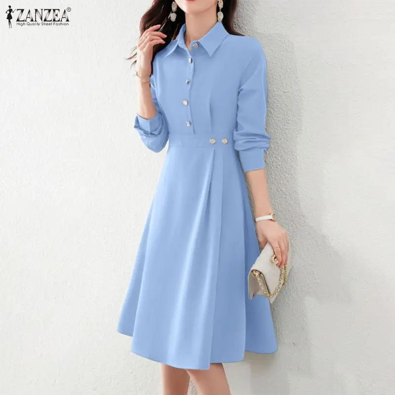 2026 ZANZEA Women Elegant Lapel Neck Long Sleeve Dress Spring Office Dresses Stylish A Line Waisted Party Sundress Holiday Robe