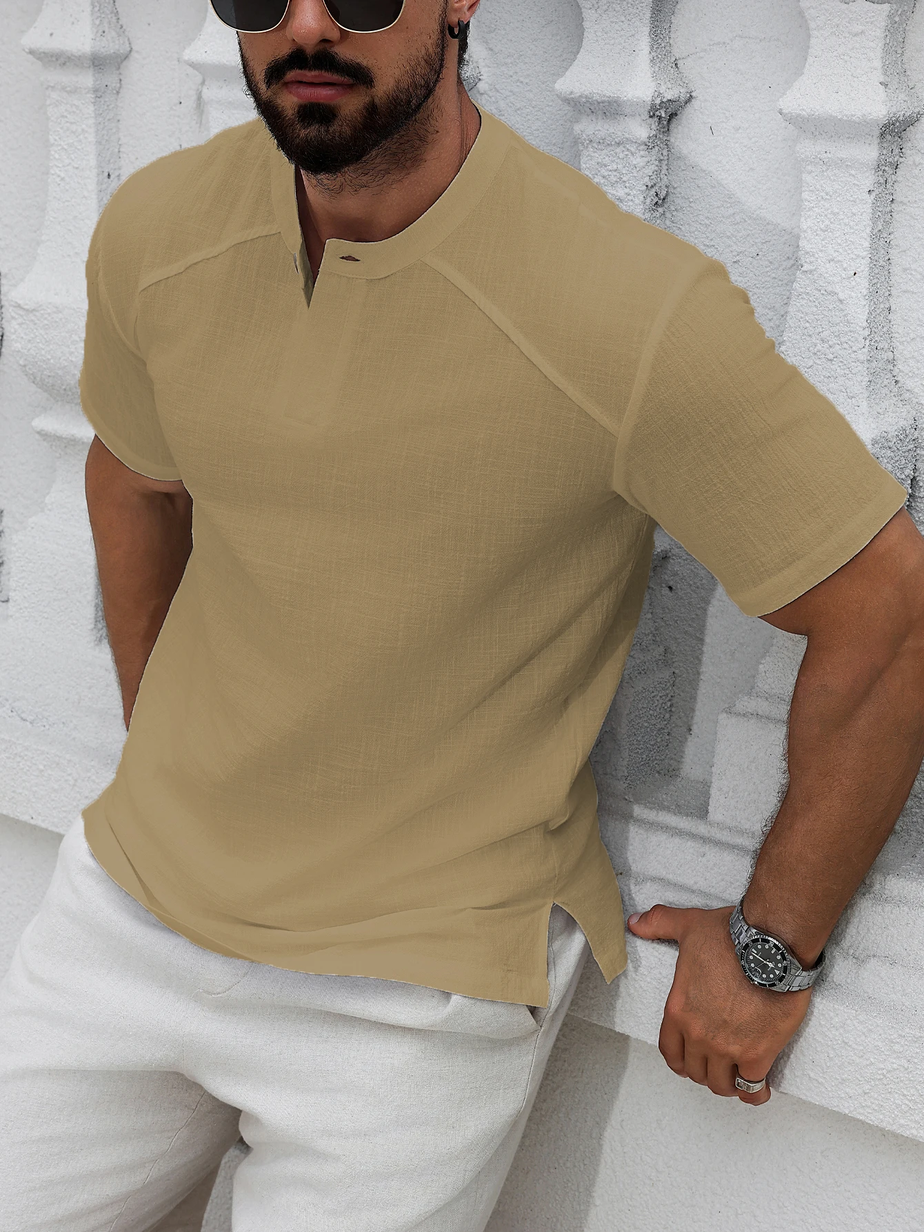 1PCS Mens Linen Short-Sleeved Shirt Top Round-Neck Pullover Casual Solid Color Henry Collar T-Shirt with Buttons Fashion Hippie - Image 9