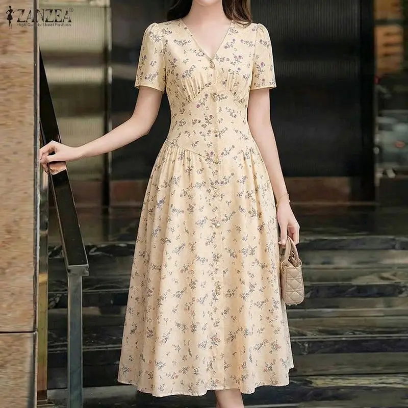 2026 ZANZEA Summer Floral Printed Dresses Women Elegant Casual Holiday Party Dress A Line Robe V Neck Short Sleeve Work Sundress - Image 5