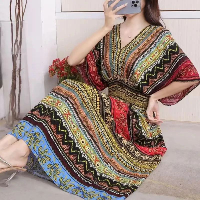 Casual Elegant Retro Bohemian National Style V-neck Elastic Waist Large Swing Printed Summer Long Skirt Woman Dress Clothes - Image 31