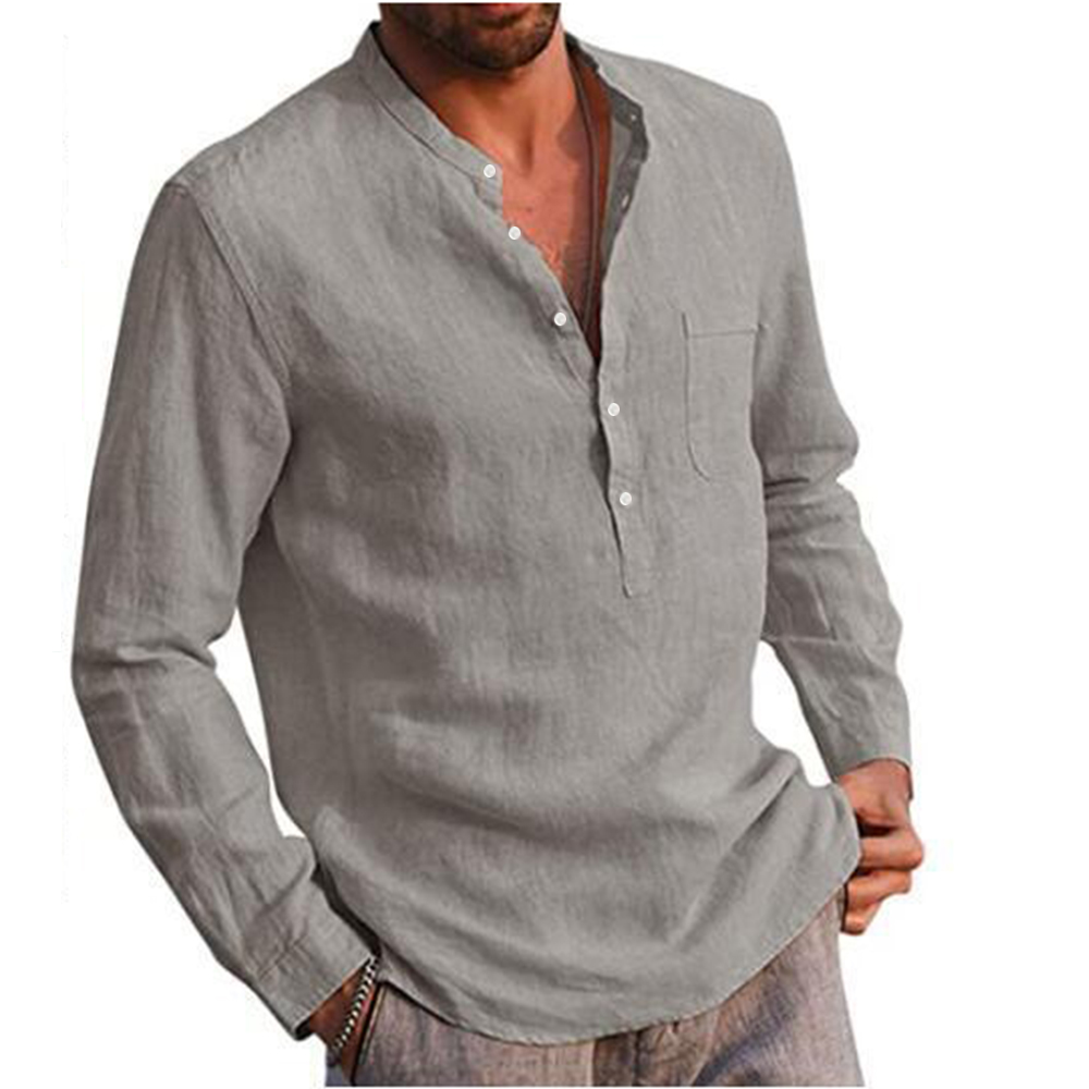 Cotton Linen Hot Sale Men's Long-Sleeved Shirts Summer Solid Color Stand-Up Collar Casual Beach Style Plus Size - Image 27
