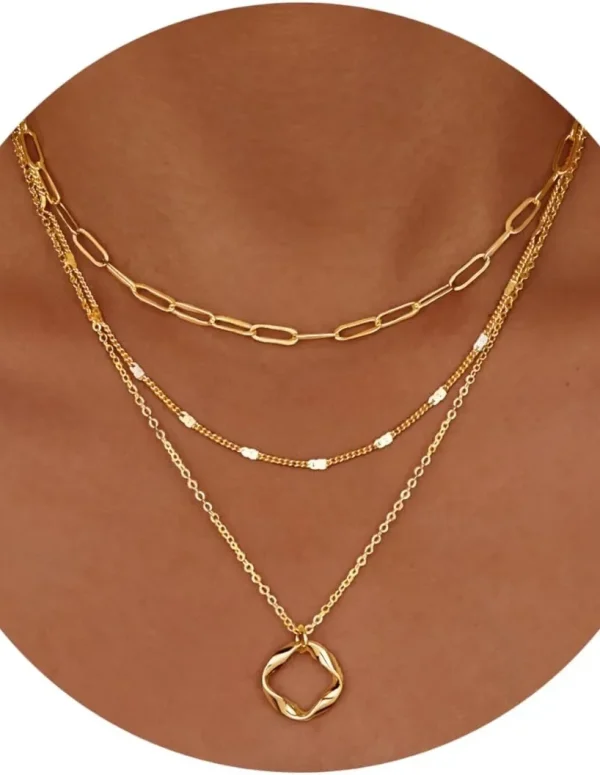Layered 14k Gold Plated Necklaces for Women Stackable Silver Plated Circle Paperclip Chain Pendant Choker Necklace Set For Woman