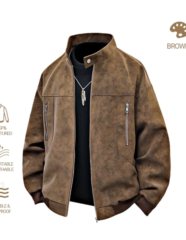 Men clothing PU Leather Jacket for Men winter Fashion Stand Collar Vintage Style Loose Versatile Casual Tie-Dye Men's Jackets