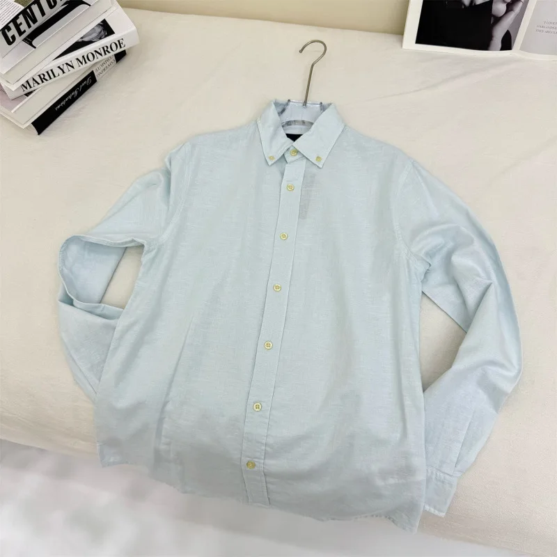 Long sleeved shirt for men and women Linen material unisex old money style solid color embroidered designer long shirt - Image 12