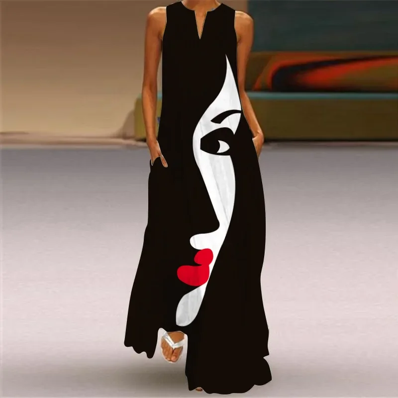 Vintage Maxi Dress Women Summer Loose Sleeveless Long Dresses Elegant Lady V Neck Pocket Boho Beach Sundress Vestidos Plus Size - Image 5