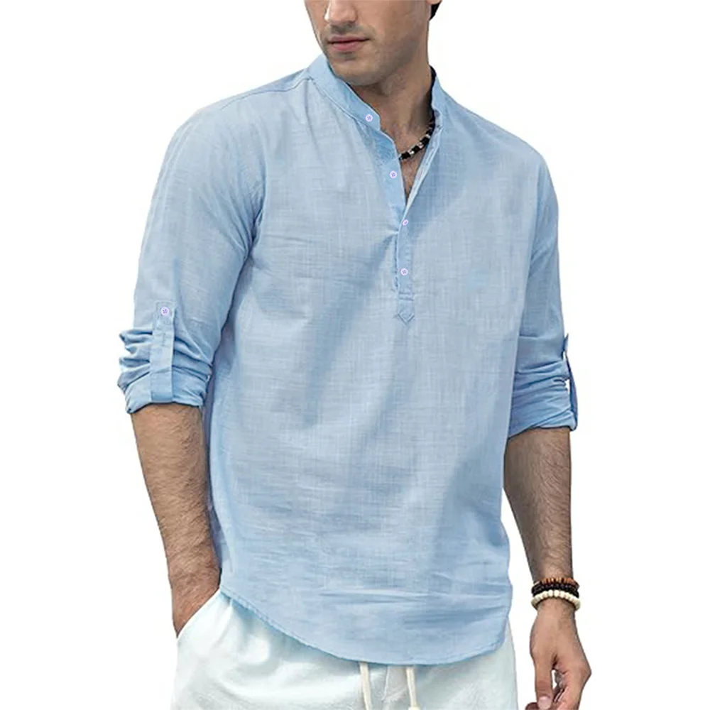 Men's Cotton Linen Long Sleeve Polo Shirt Lightweight Henley Neck Hawaiian Beach Style Solid Color Tops Vacation T-shirt - Image 2