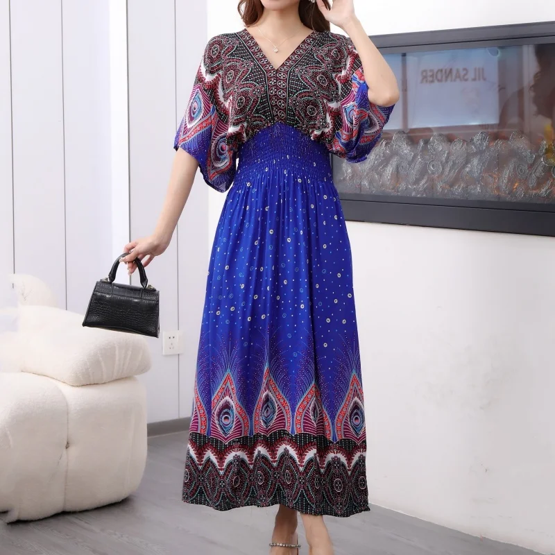 Casual Elegant Retro Bohemian National Style V-neck Elastic Waist Large Swing Printed Summer Long Skirt Woman Dress Clothes - Image 40