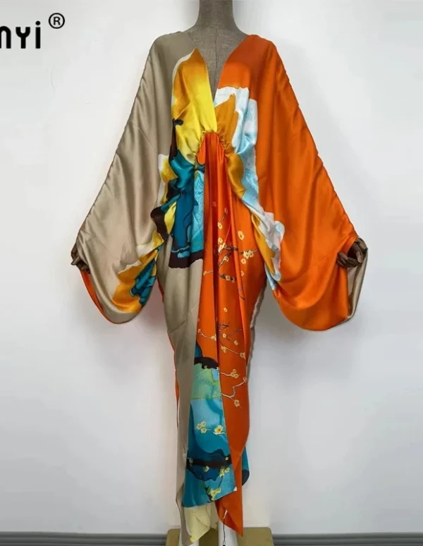 Sexy bech high-quality hand-rolled feel silk rayon fashion print 2021 WINYI Maxi women's robes long beach V-neck Bohemian dress