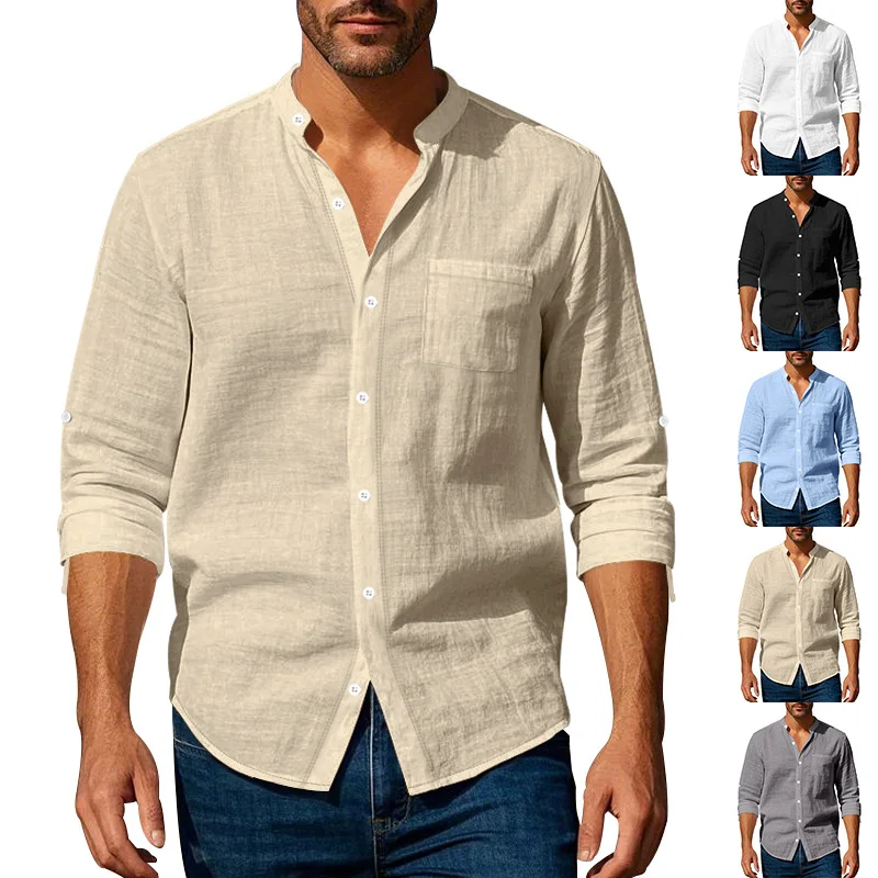Men's Linen Mandarin Collar Shirt - Breathable Wrinkle-Free New Chinese Style with Pocket (Beige/Black/White, S-XXXL) Wholesale - Image 12