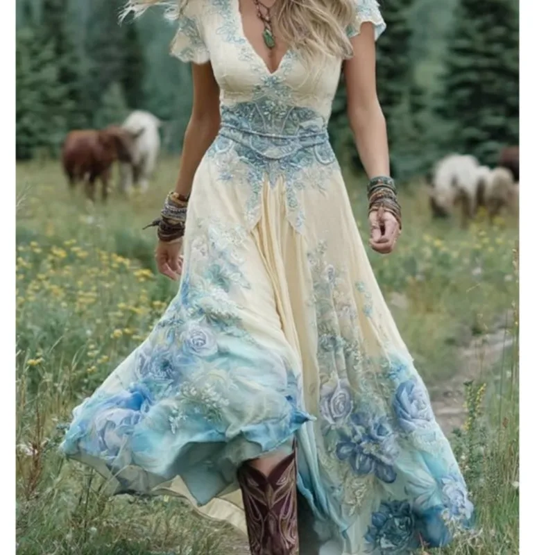 Sexy Retro Ethnic V Neck Long Dress Woman Elegant Boho Print A-Line Spliced Maxi Dress Summer Short Sleeve Holiday Evening Dress - Image 5