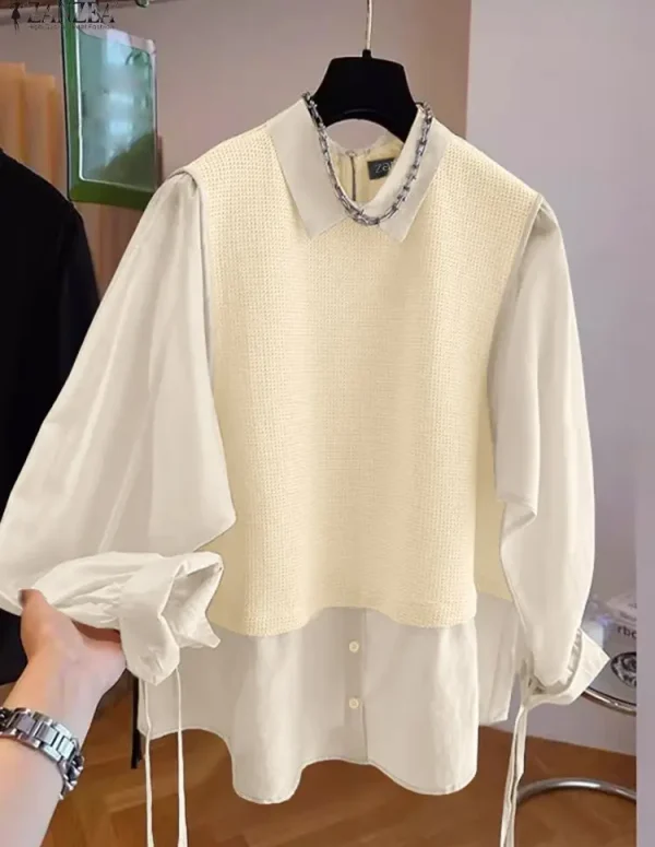 ZANZEA Street Fashion Waffle Patchwork Women Blouses Spring Autumn Long Sleeve Collared Fake Two Pieces Shirts Lazy Loose Tops