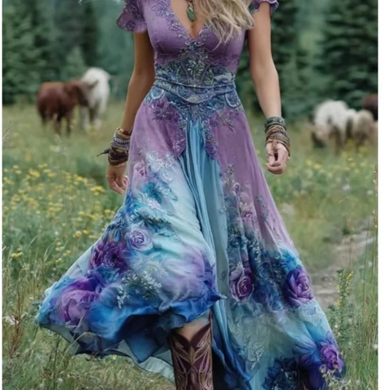 Sexy Retro Ethnic V Neck Long Dress Woman Elegant Boho Print A-Line Spliced Maxi Dress Summer Short Sleeve Holiday Evening Dress - Image 2