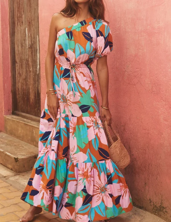 Asymmetrical Lace Up Loose Casual Dresses Ladies Slanted Neck High Waisted Bohemian Dress Summer Pattern Print Beach Long Dress