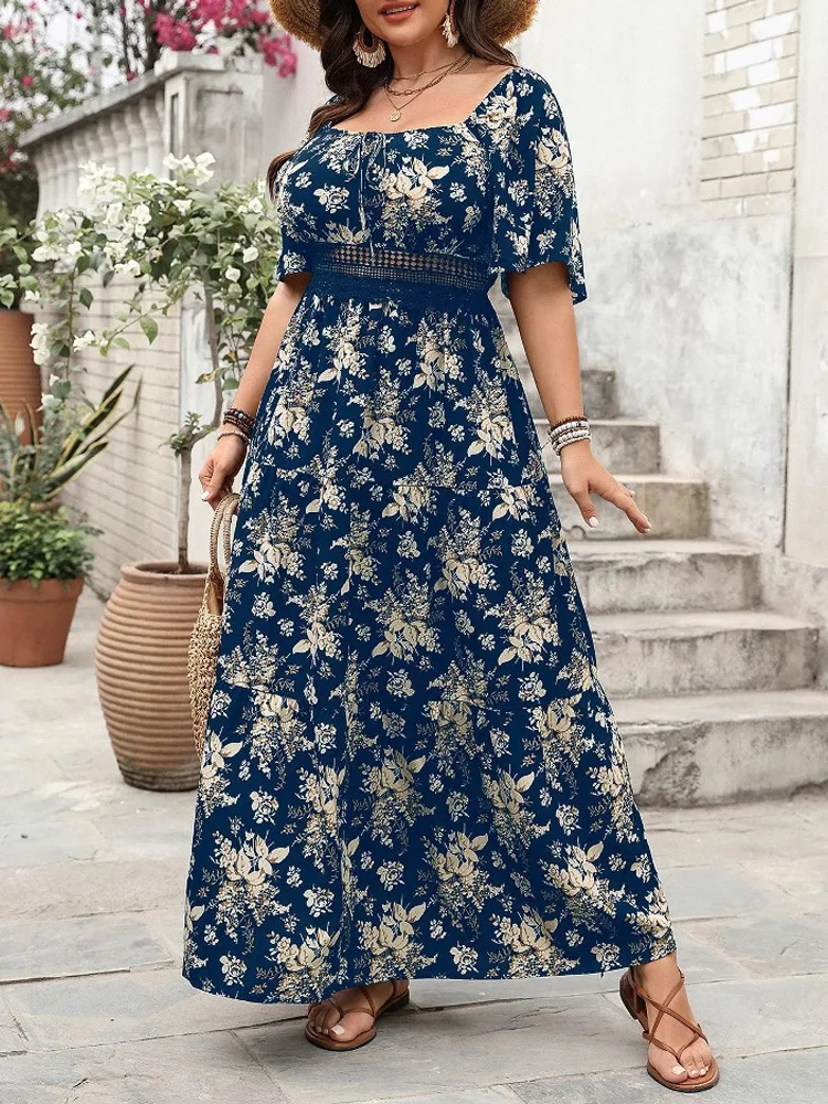 GIBSIE Plus Size Square Neck Floral Print Maxi Dress Women Summer 2025 Knot Front Hollow Out Boho Vacation Big Swing Dresses - Image 7
