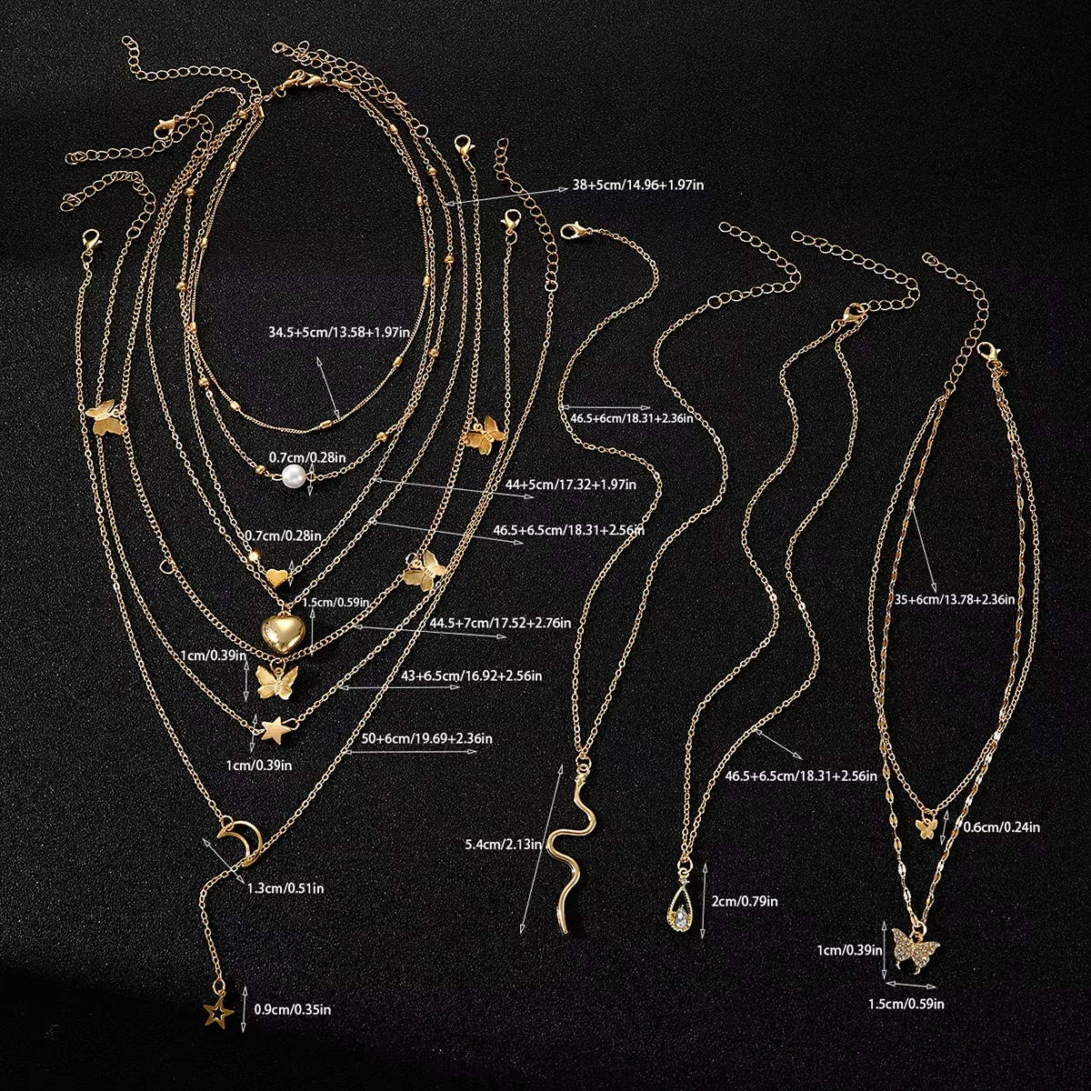 9 Pcs Multi-layered Gold Color Necklace Set for Women Fashion Zircon Pearl Heart Butterfly Star Moon Snake Pendant Necklaces Set - Image 6