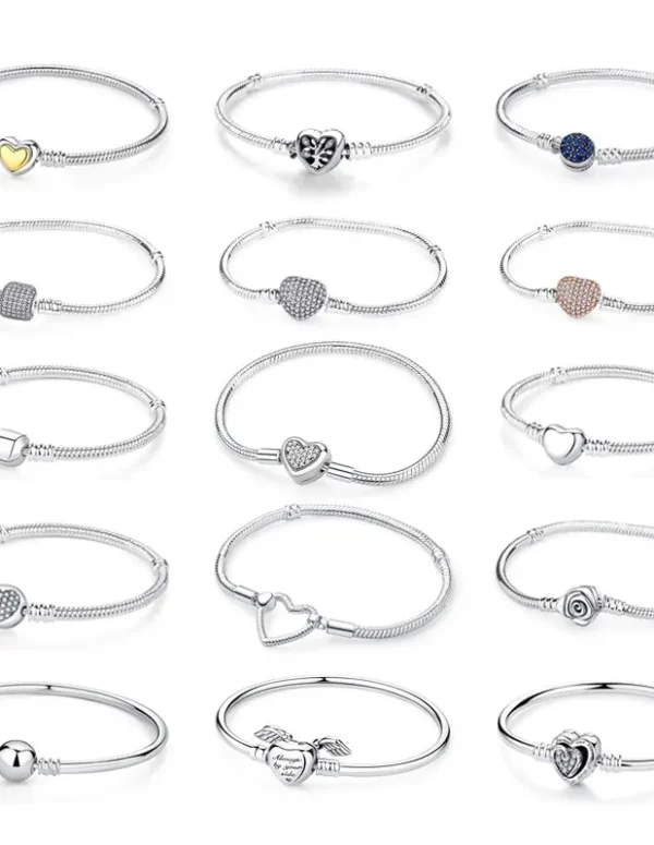 Original 925 Sterling Silver Bracelets Bangles Love Heart Clip Charms Beads Snake Chains For Women Rose Gold DIY Luxury Jewelry