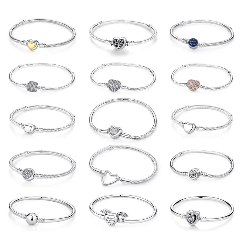 Original 925 Sterling Silver Bracelets Bangles Love Heart Clip Charms Beads Snake Chains For Women Rose Gold DIY Luxury Jewelry