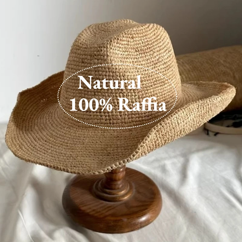 Ins Hand-crocheted Natural Raffia Straw Sun Hats Cowboy Hat for Women Men Summer Wide Brim Panama Outdoor Breathable Beach Caps