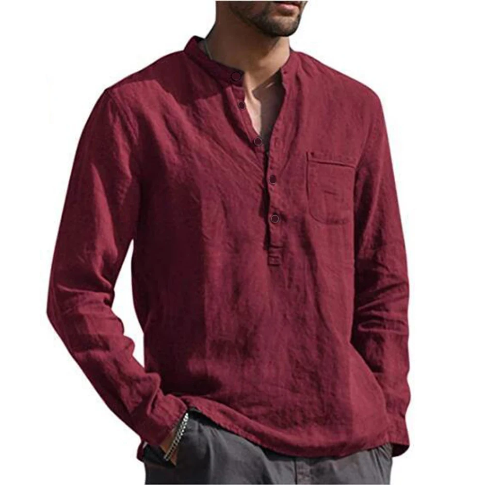 Cotton Linen Hot Sale Men's Long-Sleeved Shirts Summer Solid Color Stand-Up Collar Casual Beach Style Plus Size - Image 2