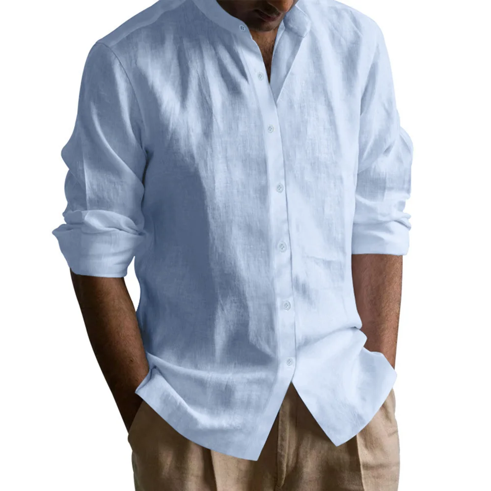 Men's Henley Shirts Cotton Linen Open Stitch Lightweight Breathable Solid Color Slim Fit Men Shirt - Image 4