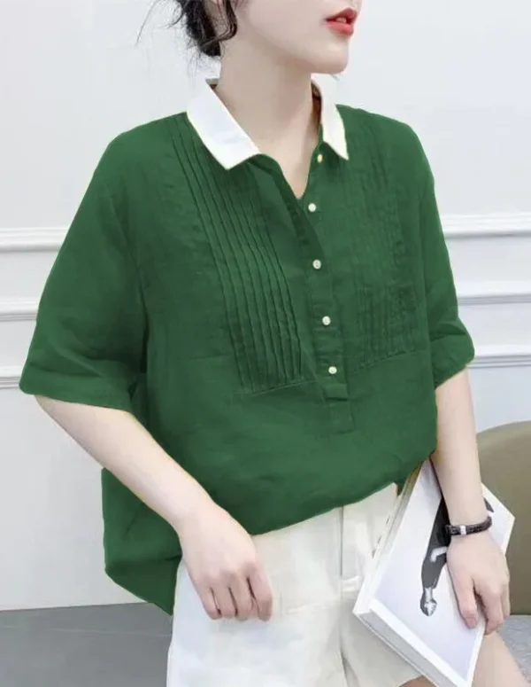 Women's Contrast White Collar Blouse Half Button Pleated Detail Half Sleeve Loose Fit Casual Linen Blend Top Shirts