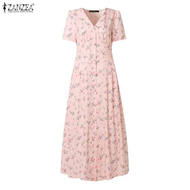 2026 ZANZEA Summer Floral Printed Dresses Women Elegant Casual Holiday Party Dress A Line Robe V Neck Short Sleeve Work Sundress - Image 2