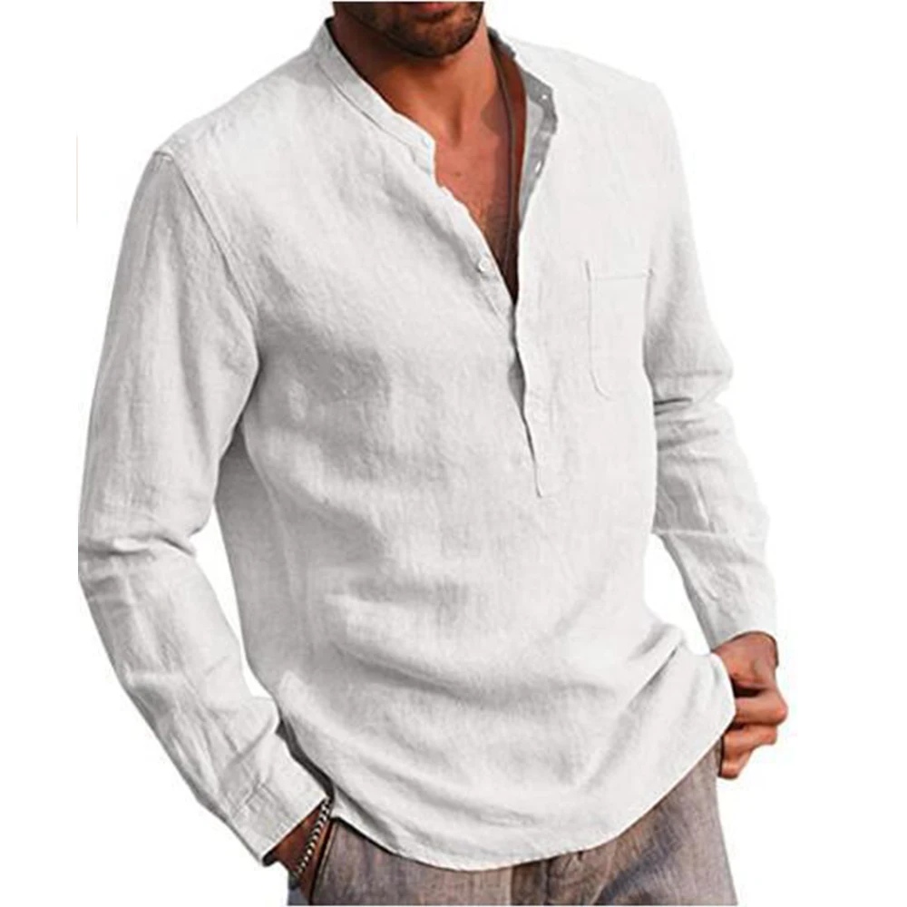 Cotton Linen Hot Sale Men's Long-Sleeved Shirts Summer Solid Color Stand-Up Collar Casual Beach Style Plus Size - Image 7