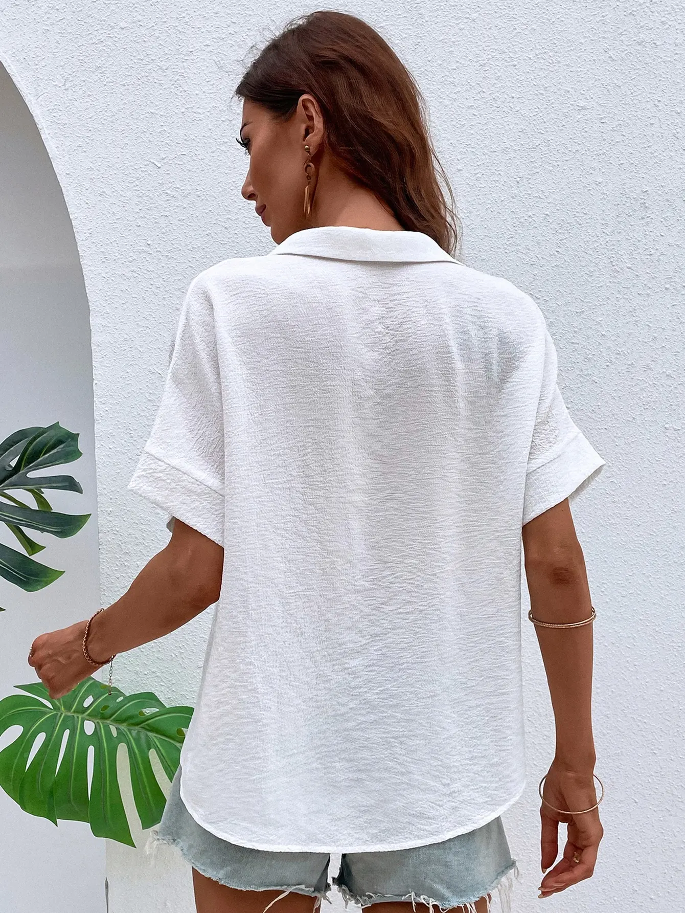 Ladies Solid Color Lapel Neck Blouse Casual Batwing Sleeve Blouse Women Tops Shirts - Image 2