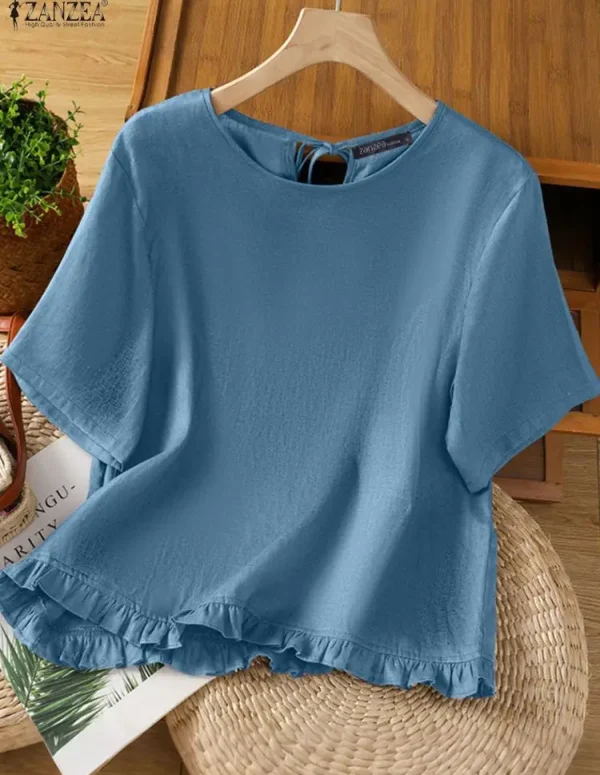 ZANZEA Casual Womens Ruffled Hem Blouses 2025 Summer Tied-Back O-Neck Short Sleeve Solid Color Tops Everyday Casual Wear S-3XL