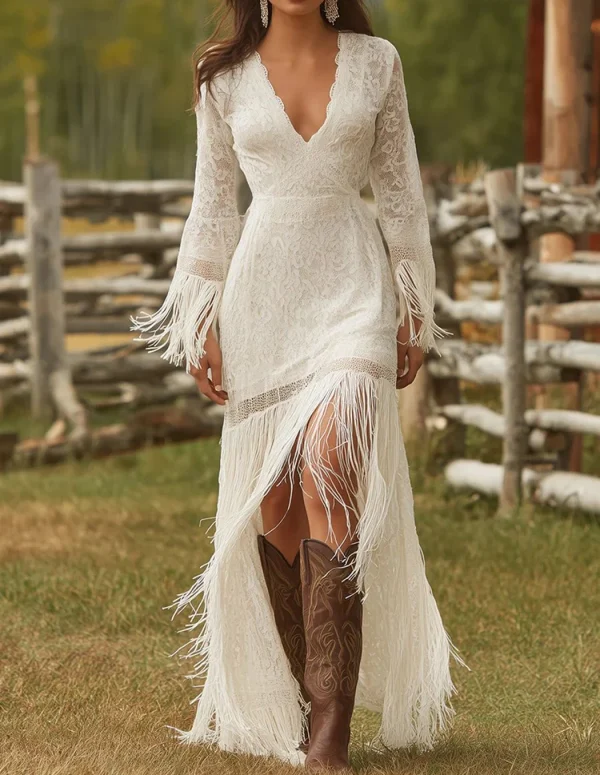 Elegant Vintage Women's Boho Tassel Dress White Lace V Neck Fringe Sleeve Autumn Fashion Party Dress Wedding Guest Maxi Dresses